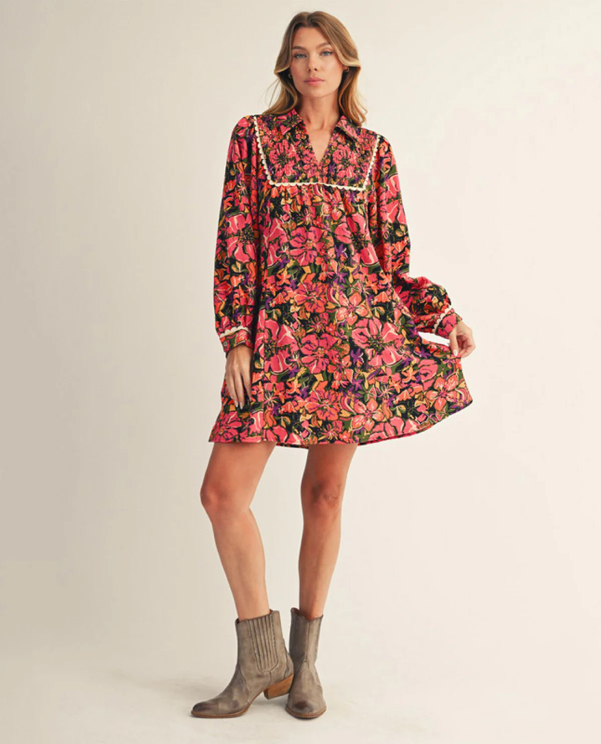 Long Sleeve Smocked Chest Print Dress - Image 3