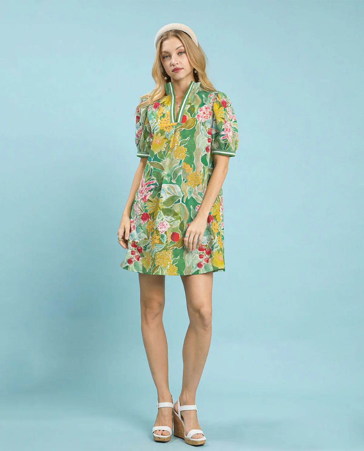 Jacquard Print Print Mini Dress with V-neckline Striped Contrast Trim Collar - Image 3