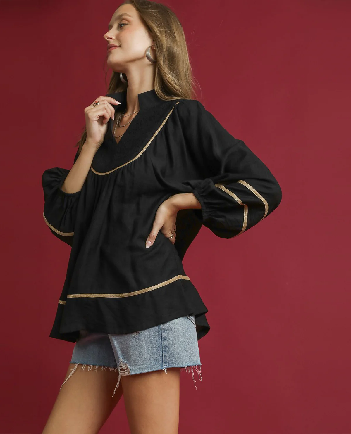 Umgee Boho Peasant Blouse with Long Balloon Sleeves - Image 4